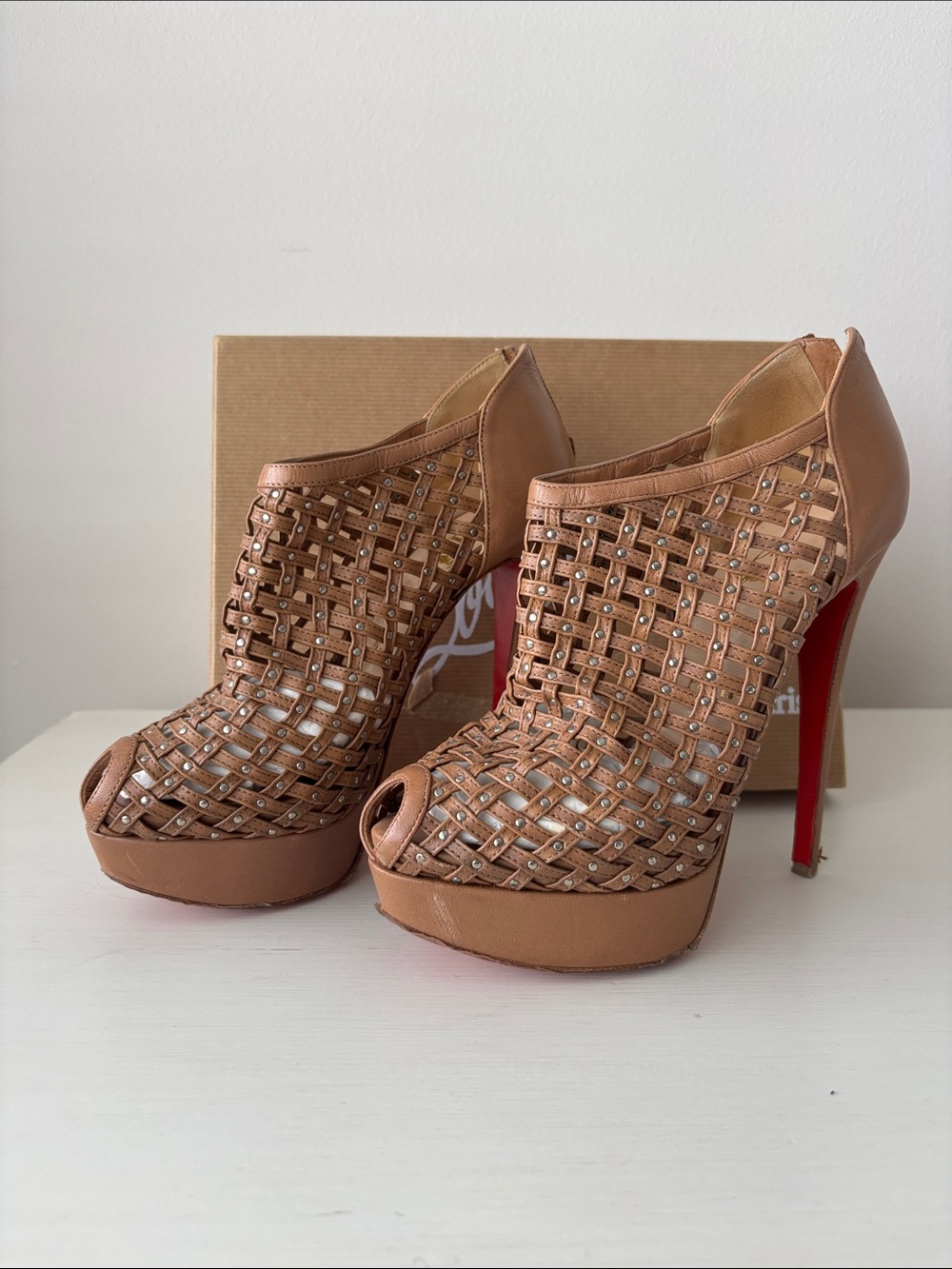 Woven Tan Peep-Toe High Heel Booties